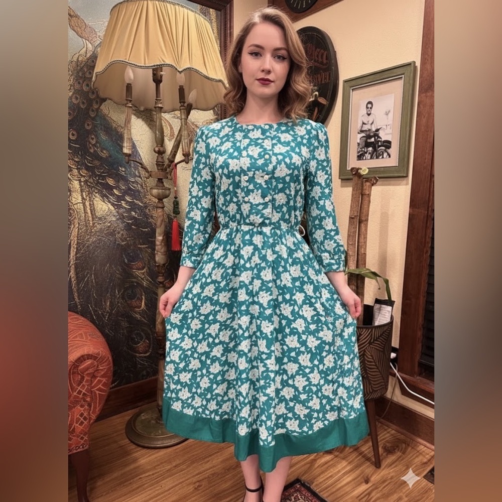 VTG Sophisticates Petites Jonathan Martin Teal Floral Rayon Midi Dress Size 6
